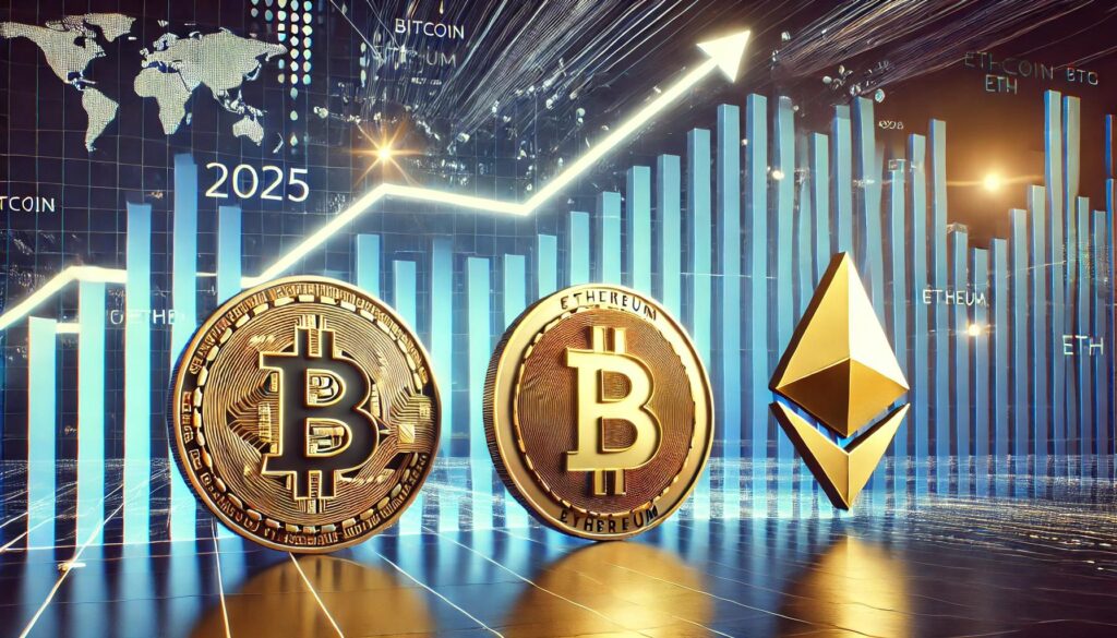 2025년 암호화폐 시장의 강세장을 상징하는 이미지로, 비트코인(BTC), 이더리움(ETH), 솔라나(SOL)의 로고가 현대적이고 디지털 테마의 배경에 배치되어 있습니다. 배경에는 급상승하는 그래프와 미래 지향적인 디자인 요소가 돋보이며, 암호화폐 시장의 역동성과 성장 가능성을 시각적으로 표현