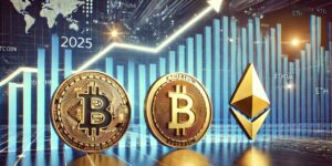 2025년 암호화폐 시장의 강세장을 상징하는 이미지로, 비트코인(BTC), 이더리움(ETH), 솔라나(SOL)의 로고가 현대적이고 디지털 테마의 배경에 배치되어 있습니다. 배경에는 급상승하는 그래프와 미래 지향적인 디자인 요소가 돋보이며, 암호화폐 시장의 역동성과 성장 가능성을 시각적으로 표현
