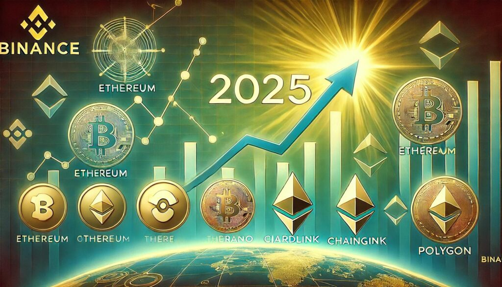 2025년 알트코인 강세장을 묘사한 암호화폐 테마의 미래지향적 이미지. 바이낸스 로고가 중심에 위치하며, 상승 그래프와 이더리움, 솔라나, 카르다노, 체인링크, 폴리곤 등의 알트코인 심볼이 배경에 포함되어 있습니다. 이미지는 성장과 번영을 상징하는 녹색, 금색, 파란색 조합으로 구성되었습니다.