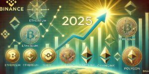 2025년 알트코인 강세장을 묘사한 암호화폐 테마의 미래지향적 이미지. 바이낸스 로고가 중심에 위치하며, 상승 그래프와 이더리움, 솔라나, 카르다노, 체인링크, 폴리곤 등의 알트코인 심볼이 배경에 포함되어 있습니다. 이미지는 성장과 번영을 상징하는 녹색, 금색, 파란색 조합으로 구성되었습니다.