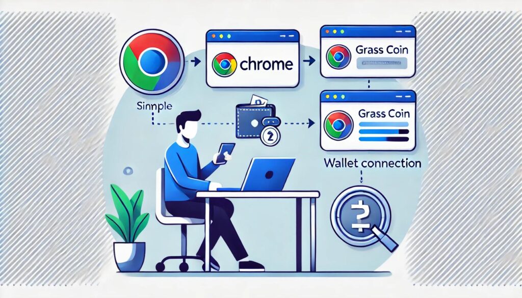 컴퓨터와 크롬 브라우저를 이용해 GRASS 코인을 채굴하는 단계별 과정을 보여주는 일러스트. 이미지에는 책상에 앉아 있는 사람, 노트북, 크롬 로고, GRASS 코인 로고, 지갑 연결 아이콘, 그리고 채굴 진행률 표시 바가 포함되어 있으며, 친근하고 현대적인 색조의 블루와 그린 톤