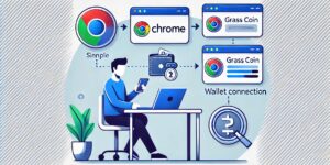 컴퓨터와 크롬 브라우저를 이용해 GRASS 코인을 채굴하는 단계별 과정을 보여주는 일러스트. 이미지에는 책상에 앉아 있는 사람, 노트북, 크롬 로고, GRASS 코인 로고, 지갑 연결 아이콘, 그리고 채굴 진행률 표시 바가 포함되어 있으며, 친근하고 현대적인 색조의 블루와 그린 톤
