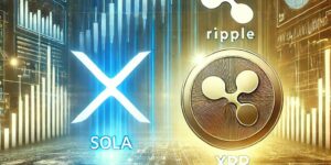 솔라나(SOL)와 리플(XRP)의 암호화폐 시장 내 두드러진 위상을 강조한 일러스트로, 미래지향적인 금융 배경에 빛나는 차트와 디지털 요소를 담고 있습니다. 성장과 혁신의 역동적인 분위기를 표현한 디자인으로, 암호화폐 산업의 활발한 변화를 잘 보여줍니다.