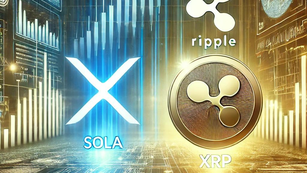 솔라나(SOL)와 리플(XRP)의 암호화폐 시장 내 두드러진 위상을 강조한 일러스트로, 미래지향적인 금융 배경에 빛나는 차트와 디지털 요소를 담고 있습니다. 성장과 혁신의 역동적인 분위기를 표현한 디자인으로, 암호화폐 산업의 활발한 변화를 잘 보여줍니다.