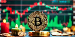 "비트코인의 가격 움직임과 시장 불확실성을 표현한 디지털 일러스트. 중앙에는 비트코인 심볼이 배치되어 있으며, 배경에는 가격 변동을 나타내는 차트가 표시되어 있습니다. 차트는 10만 달러에 근접한 지점을 강조하며, 미국 경제 정책을 암시하는 요소들과 금융 시장 관련 그래픽이 포함되어 있습니다. 녹색과 빨간색의 색상 조합이 시장 변동성을 시각적으로 표현합니다."