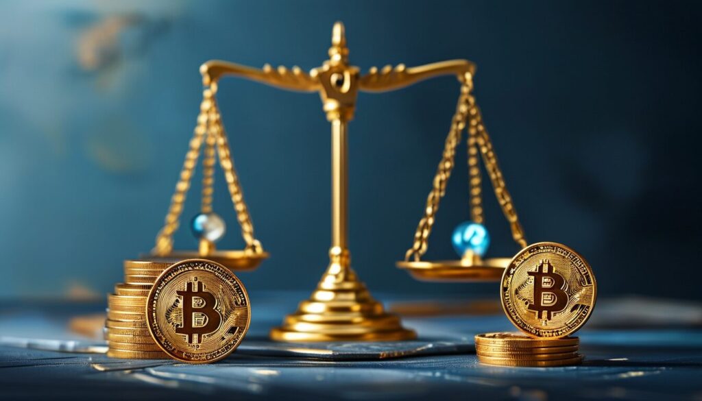"암호화폐 규제를 상징하는 전문적인 디지털 일러스트. 공정성과 규제 집행을 나타내는 저울이 중앙에 배치되었으며, 배경에는 미국 상품거래위원회(CFTC) 로고가 은은하게 포함되어 있습니다.
