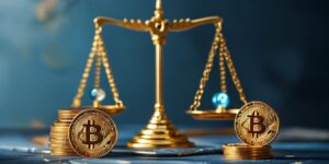 "암호화폐 규제를 상징하는 전문적인 디지털 일러스트. 공정성과 규제 집행을 나타내는 저울이 중앙에 배치되었으며, 배경에는 미국 상품거래위원회(CFTC) 로고가 은은하게 포함되어 있습니다.