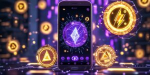 Pi Network 암호화폐 채굴 개념을 표현한 디지털 일러스트. 스마트폰 화면에 Pi Network 앱과 활성화된 번개 아이콘이 표시되어 있으며, 이는 채굴이 진행 중임을 나타냅니다. 배경에는 빛나는 파이코인(Pi Coin) 심볼과 분산형 블록체인 네트워크가 조화를 이루며, 미래지향적인 기술 분위기를 강조합니다. 보라색과 금색 톤이 어우러져 혁신과 디지털 자산의 가치를 상징합니다.